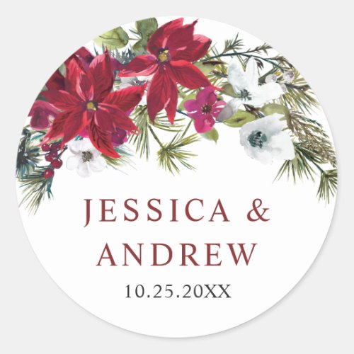 Elegant Red Poinsettia Christmas Wedding Classic Round Sticker