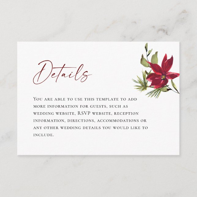 Elegant Red Poinsettia Christmas Wedding Details Enclosure Card (Front)
