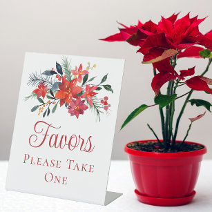 Elegant Red Poinsettia Christmas Wedding Favors Pedestal Sign