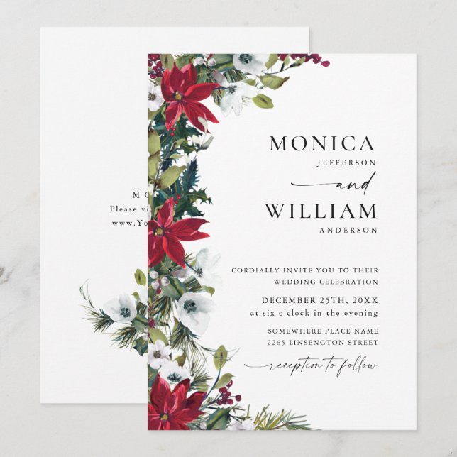 Elegant Red Poinsettia Christmas Wedding Invitation (Front/Back)