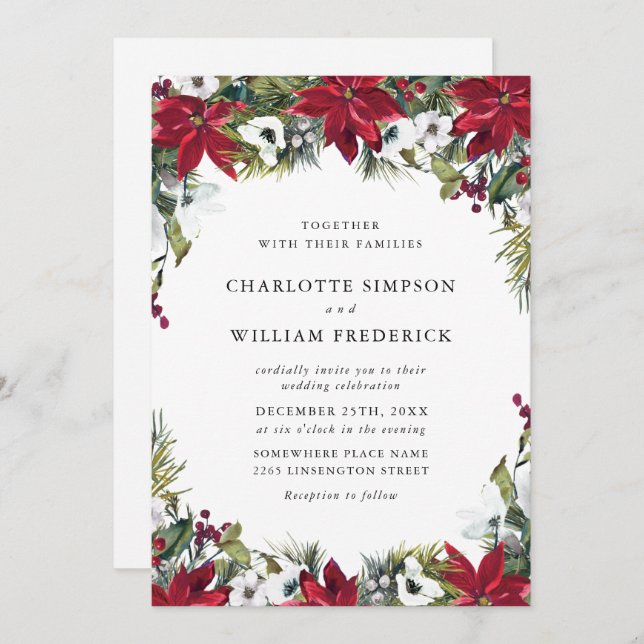 Elegant Red Poinsettia Christmas Wedding Invitation (Front/Back)