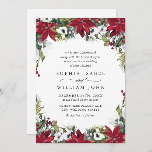 Elegant Red Poinsettia Christmas Wedding Invitation