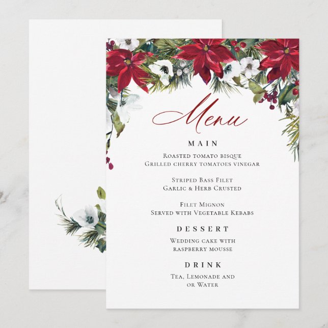 Elegant Red Poinsettia Christmas Wedding Menu Invitation (Front/Back)