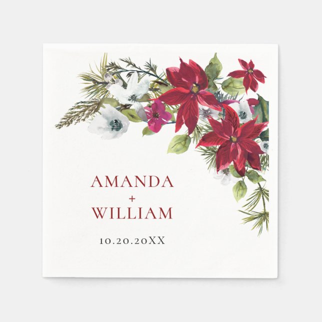 Elegant Red Poinsettia Christmas Wedding Napkins (Front)