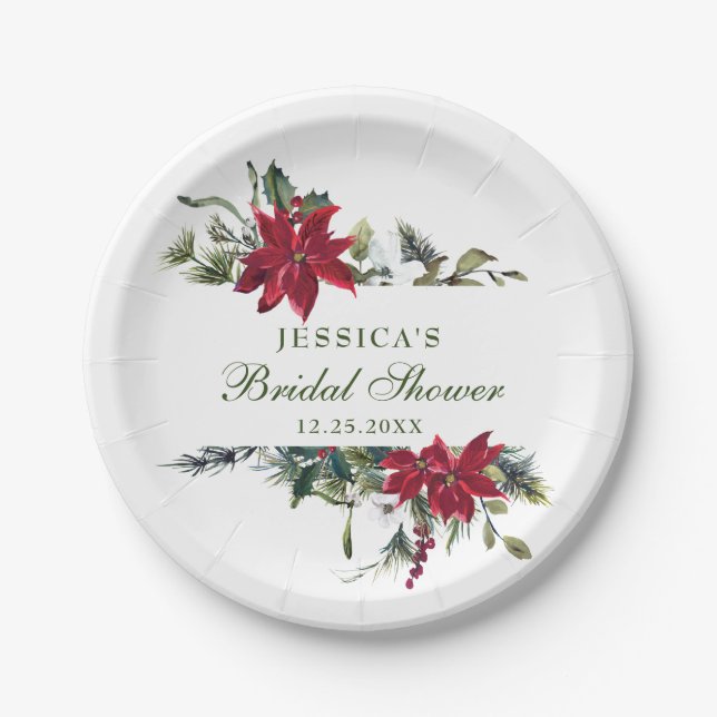 Elegant Red Poinsettia Christmas Wedding Paper Plates (Front)