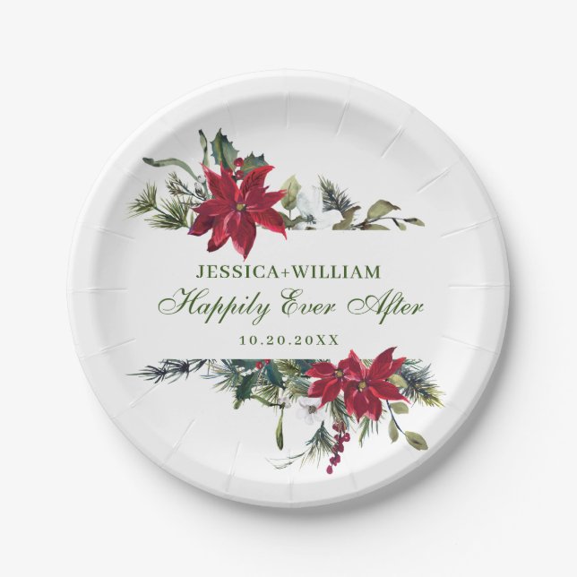 Elegant Red Poinsettia Christmas Wedding Paper Plates (Front)