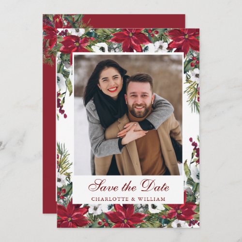 Elegant Red Poinsettia Christmas Wedding Photo Save The Date