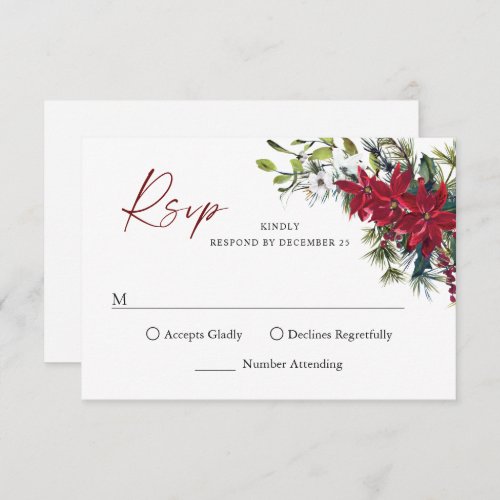 Elegant Red Poinsettia Christmas Wedding RSVP Card