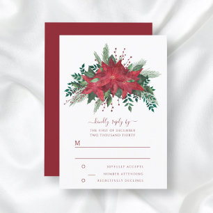 Elegant Red Poinsettia Christmas Wedding RSVP Card