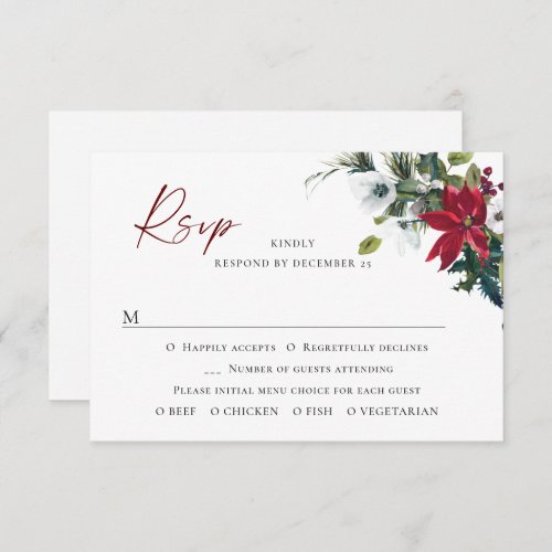 Elegant Red Poinsettia Christmas Wedding RSVP Card