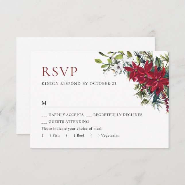 Elegant Red Poinsettia Christmas Wedding RSVP Card (Front/Back)