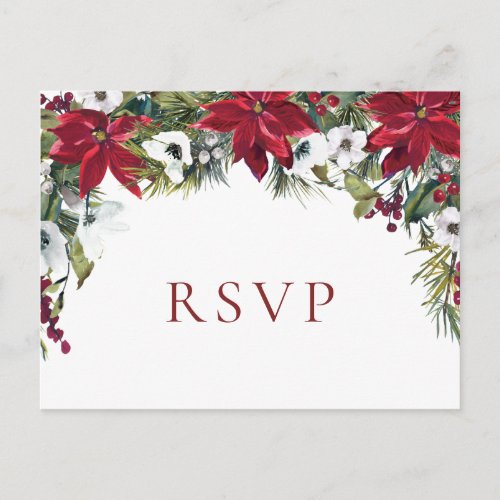 Elegant Red Poinsettia Christmas Wedding RSVP Postcard