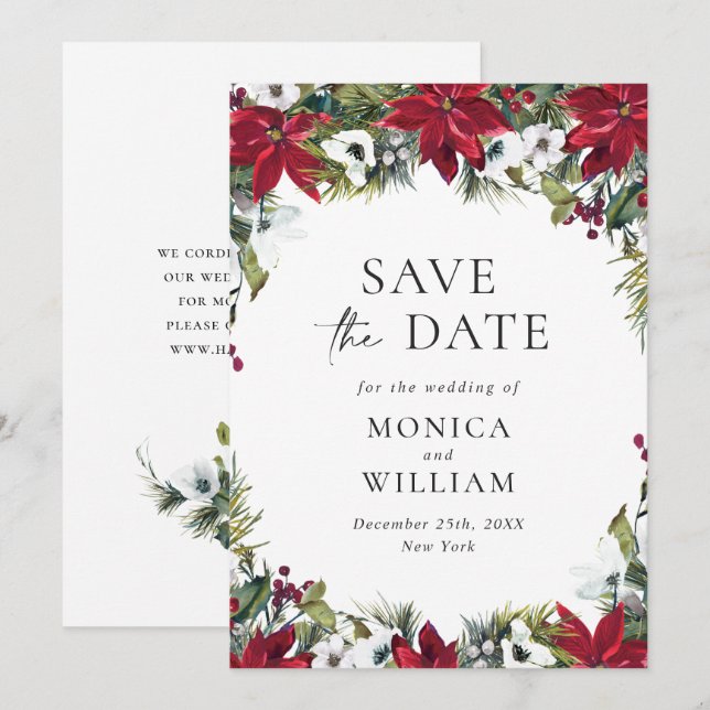 Elegant Red Poinsettia Christmas Wedding Save The Date (Front/Back)
