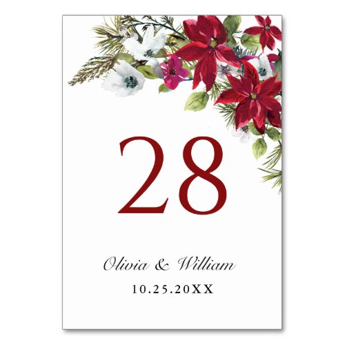 Elegant Red Poinsettia Christmas Wedding Table Number