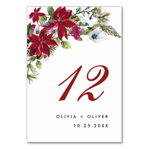 Elegant Red Poinsettia Christmas Wedding Table Number