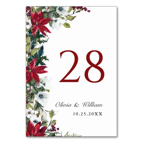 Elegant Red Poinsettia Christmas Wedding Table Number