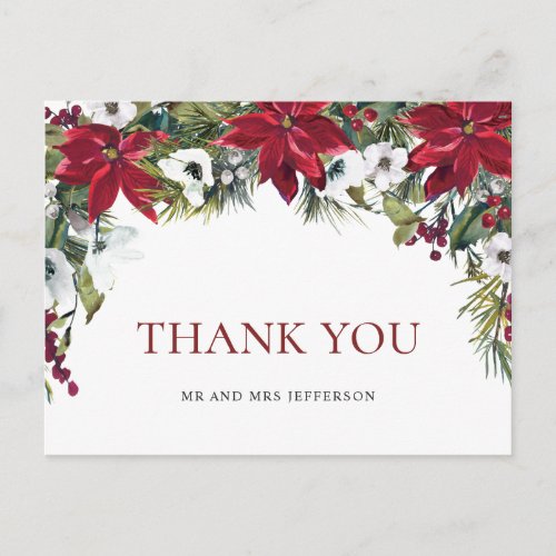 Elegant Red Poinsettia Christmas Wedding Thank You Postcard