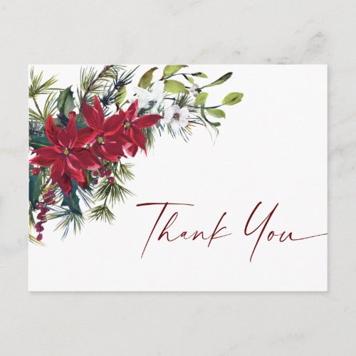 Elegant Red Poinsettia Christmas Wedding Thank You Postcard