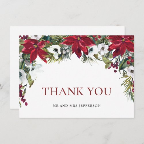 Elegant Red Poinsettia Christmas Wedding Winter Thank You Card