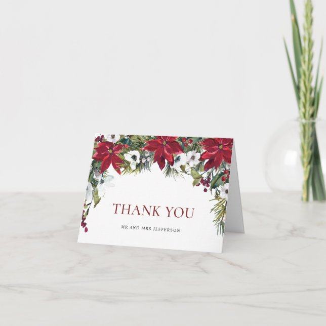 Elegant Red Poinsettia Christmas Wedding Winter Thank You Card (Front)