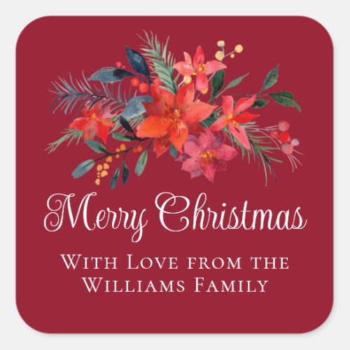 Elegant Red Poinsettia Custom Merry Christmas Square Sticker