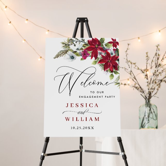 Elegant Red Poinsettia Engagement Party Welcome Foam Board (In Situ (Stand))