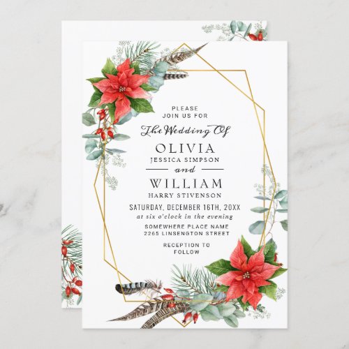 Elegant Red Poinsettia Eucalyptus Boho Wedding Invitation