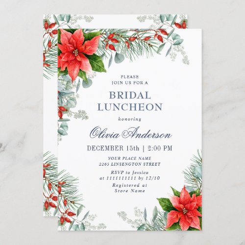 Elegant Red Poinsettia Eucalyptus BRIDAL LUNCHEON Invitation