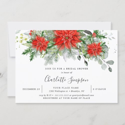 Elegant Red Poinsettia Eucalyptus Bridal Shower Invitation