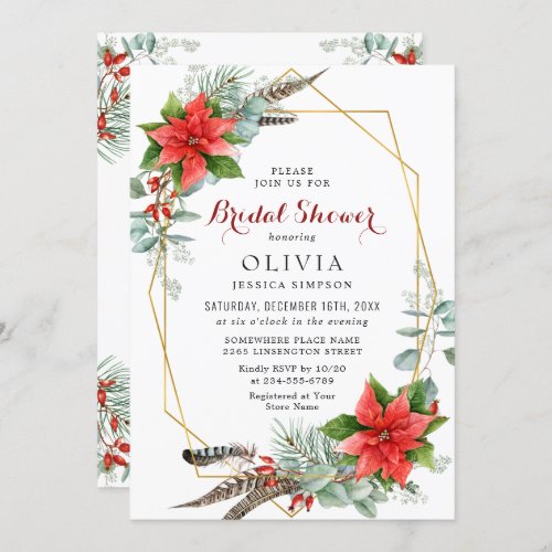 Elegant Red Poinsettia Eucalyptus Bridal Shower Invitation