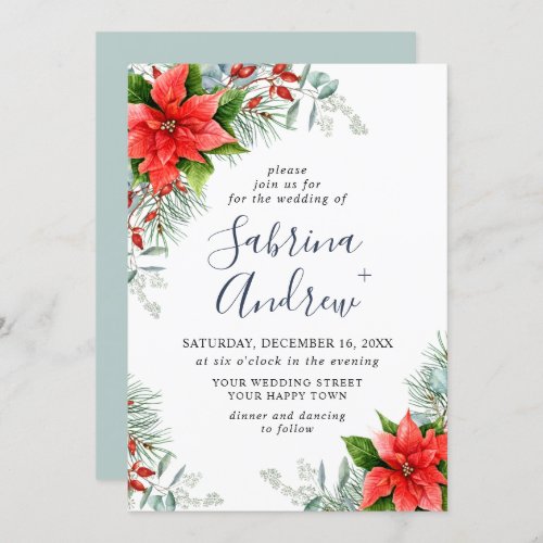 Elegant Red Poinsettia Eucalyptus Pine Fur Wedding Invitation
