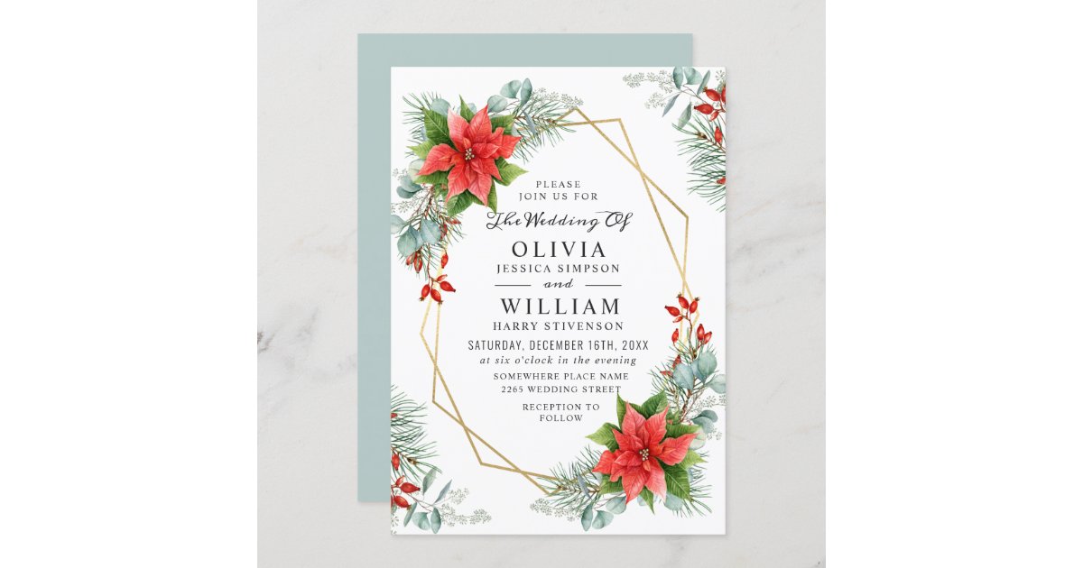 Elegant Red Poinsettia Eucalyptus Pine Fur Wedding Invitation | Zazzle