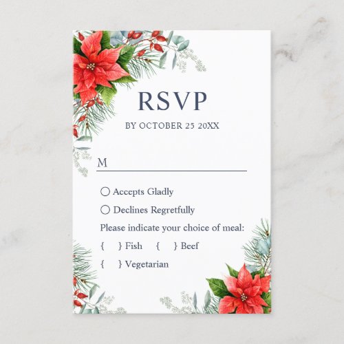 Elegant Red Poinsettia Eucalyptus Pine Fur Wedding RSVP Card