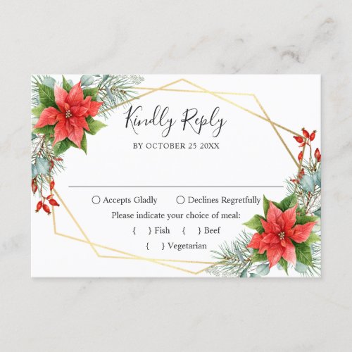 Elegant Red Poinsettia Eucalyptus Pine Fur Wedding RSVP Card