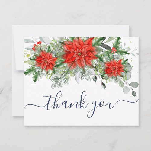 Elegant Red Poinsettia Eucalyptus Pine Thank You Note Card