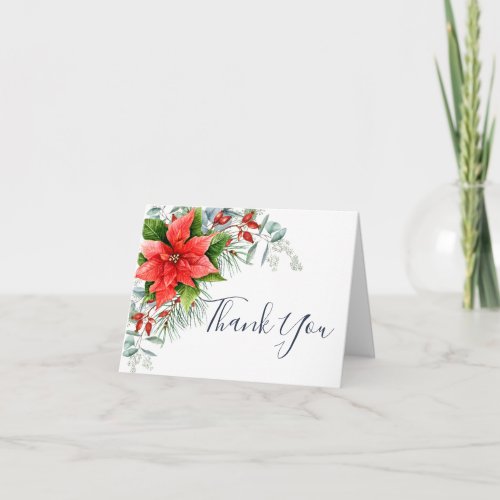 Elegant Red Poinsettia Eucalyptus Pine Watercolor Thank You Card