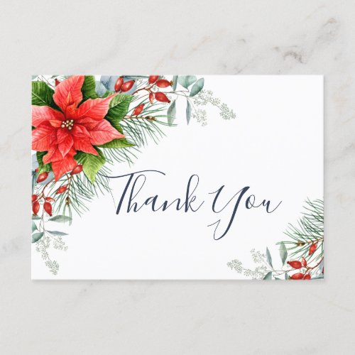 Elegant Red Poinsettia Eucalyptus Pine Watercolor Thank You Card