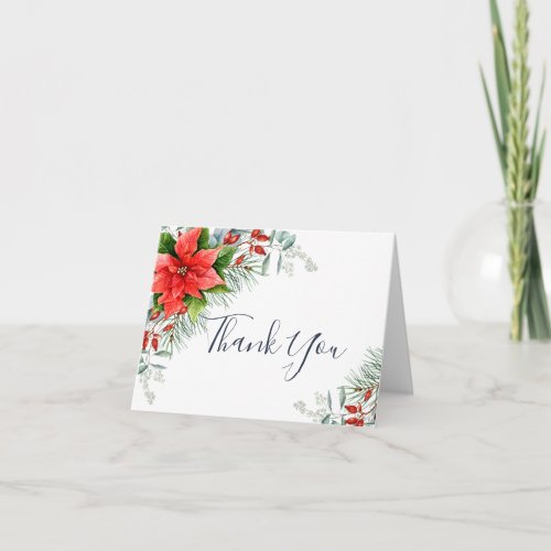 Elegant Red Poinsettia Eucalyptus Pine Watercolor Thank You Card
