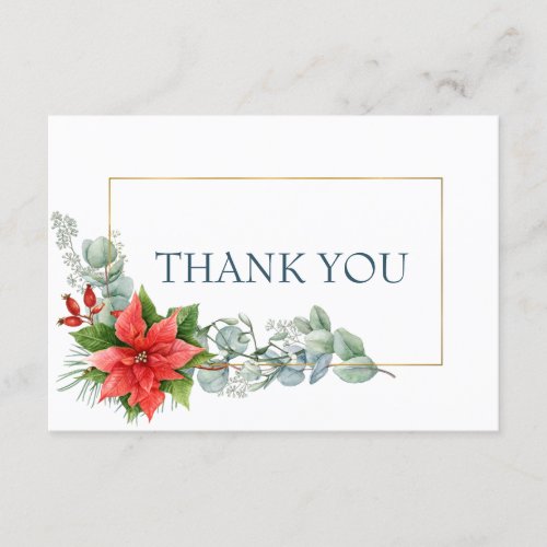 Elegant Red Poinsettia Eucalyptus Watercolor Boho Thank You Card