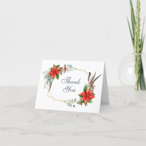 Elegant Red Poinsettia Eucalyptus Watercolor Boho Thank You Card