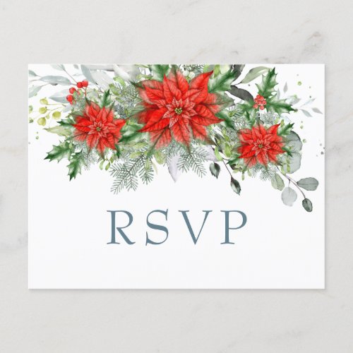 Elegant Red Poinsettia Eucalyptus Watercolor RSVP Postcard