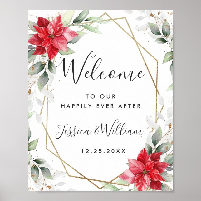 Elegant Red Poinsettia Eucalyptus Wedding Welcome Poster (Front)