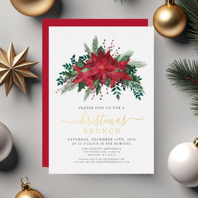 Elegant Red Poinsettia Floral Christmas Brunch Foil Invitation (Elegant Red Poinsettia Floral Christmas Brunch Foil Invitation)