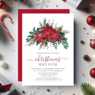 Elegant Red Poinsettia Floral Christmas Brunch Invitation