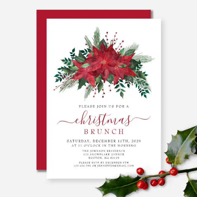 Elegant Red Poinsettia Floral Christmas Brunch Invitation | Zazzle