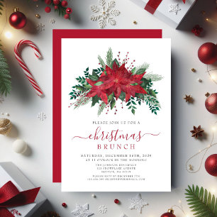 Elegant Red Poinsettia Floral Christmas Brunch Invitation