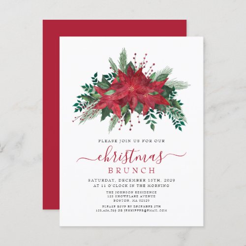 Elegant Red Poinsettia Floral Christmas Brunch Invitation Postcard