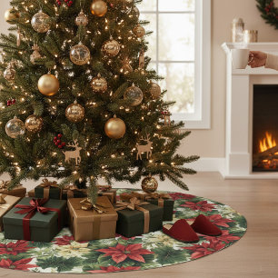 Elegant Red Poinsettia Floral Christmas Holiday Brushed Polyester Tree Skirt