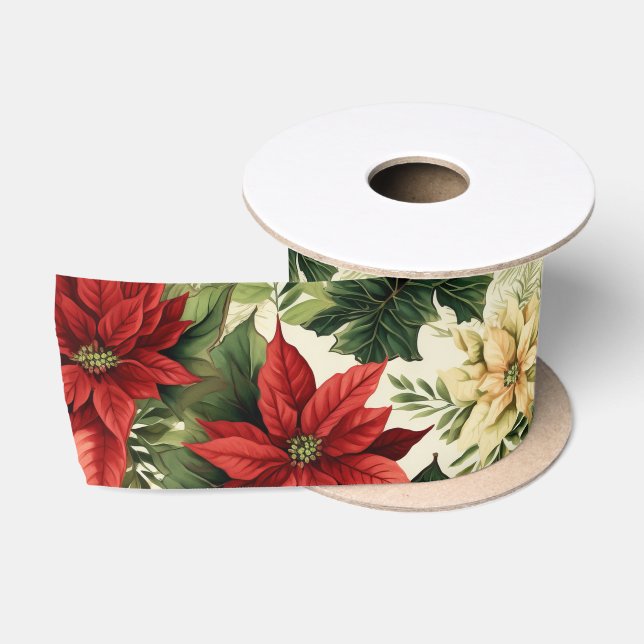 Elegant Red Poinsettia Floral Christmas Holiday Satin Ribbon (Spool)