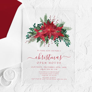 Elegant Red Poinsettia Floral Christmas Open House Acrylic Invitations